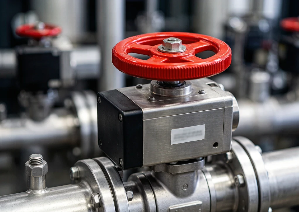 Close-up view of a worm gear actuator with red handwheel on a high-pressure industrial ball valve